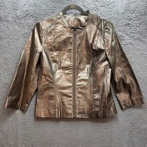 Boston Proper‎ Women's Size 12 Leather Metallic Jacket Lined Crop Gold Evening